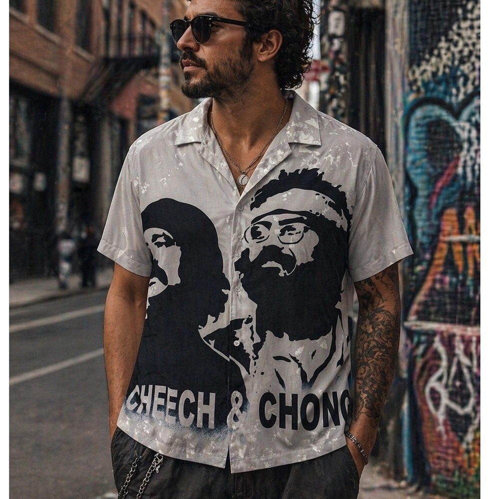 Cheech & Chong Mens Graphic Button Down‎ Shirt Grey Short Sleeve M